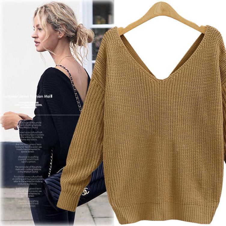Casual Solid Knit Sweater Ladies V Neck Crew Neck Warm Daily Long Sleeve Blouse