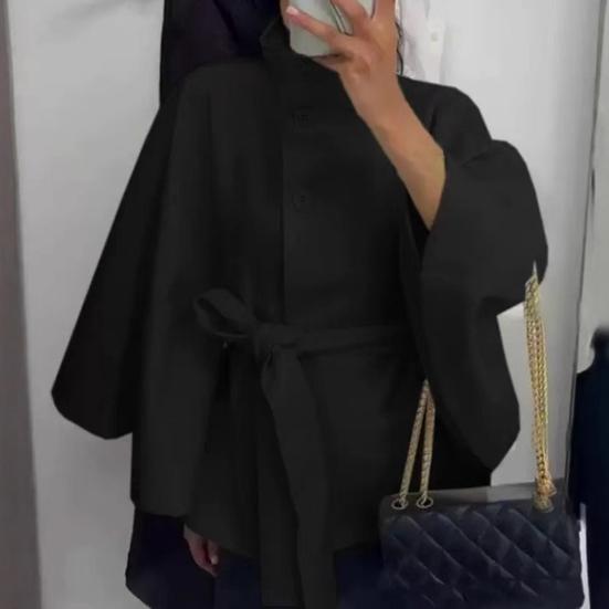 Women's Batwing Sleeve Wool Poncho Coat Stand Collar Cropped Cape Jacket with Belt Fall Winter Short Trench Pea Coat