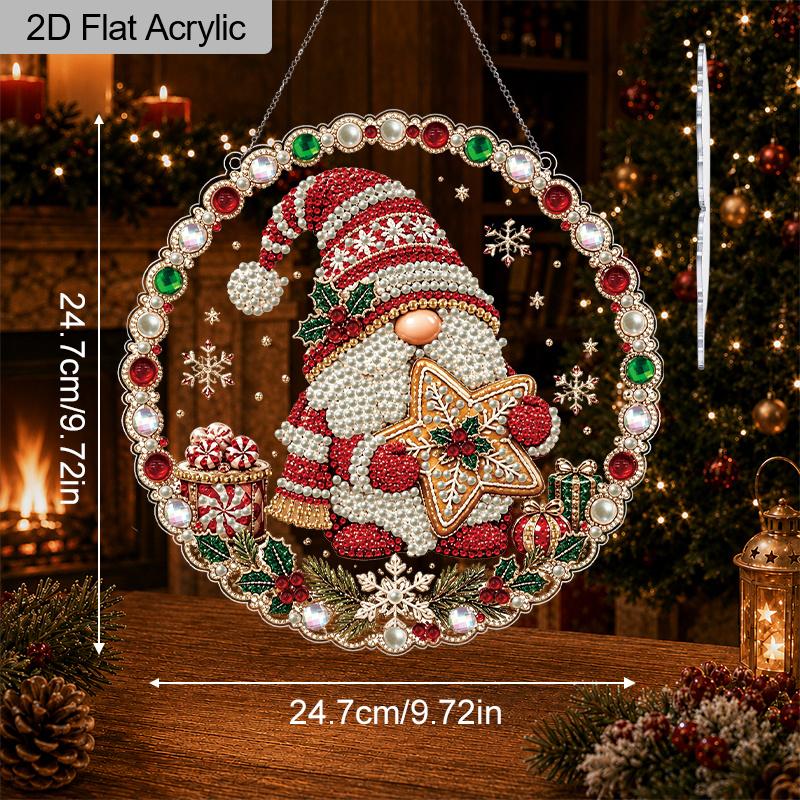 2D Flat Christmas Gnome Pearl Diamond Painting Hanging Ornament, 3D Mixed‑Sized Pearl Beads Craft Acrylic Hanging Kits, 9.72Inch/7.87Inch Two Sizes