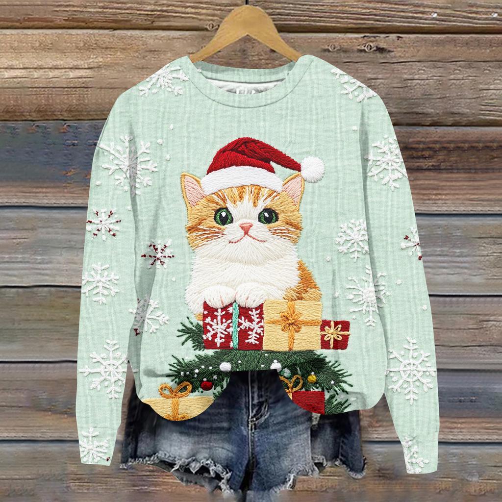 Ladies' Christmas Printed Casual Long Sleeved Round Neck Sports Hoodie Top