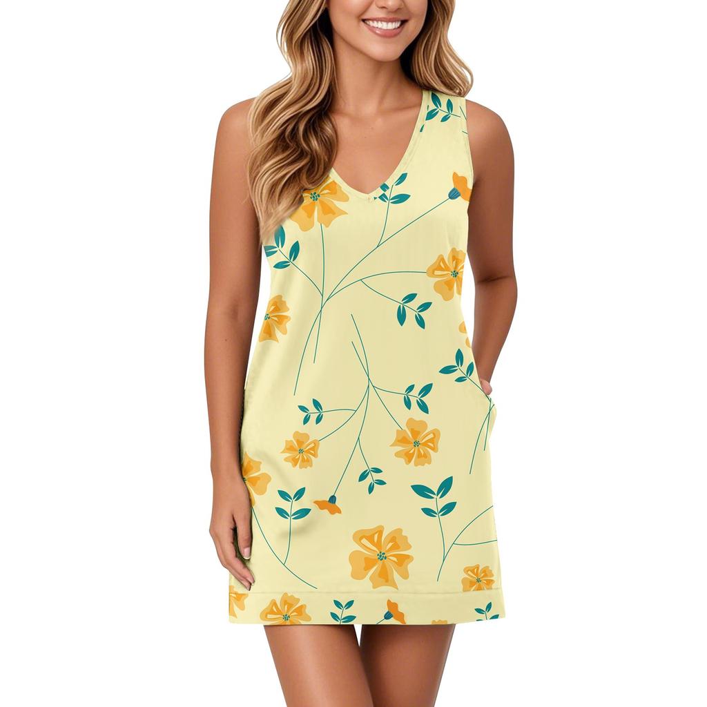 Weiches Tankkleid mit V-Ausschnitt für Damen, ärmelloses Sommerkleid, lässiges, entspanntes Sommerkleid mit Tasche