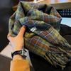Vintage Green Plaid Tassel Scarf Women Imitation Cashmere Thickened Warmth Autumn Winter Shawl Wrap Scarves Pashmina