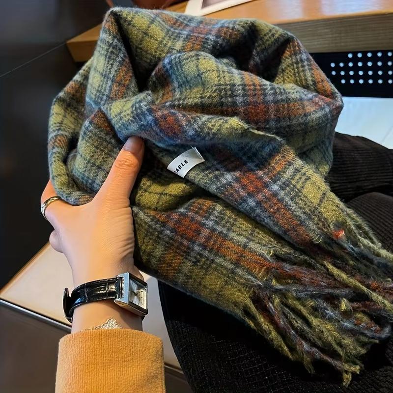 Vintage Green Plaid Tassel Scarf Women Imitation Cashmere Thickened Warmth Autumn Winter Shawl Wrap Scarves Pashmina
