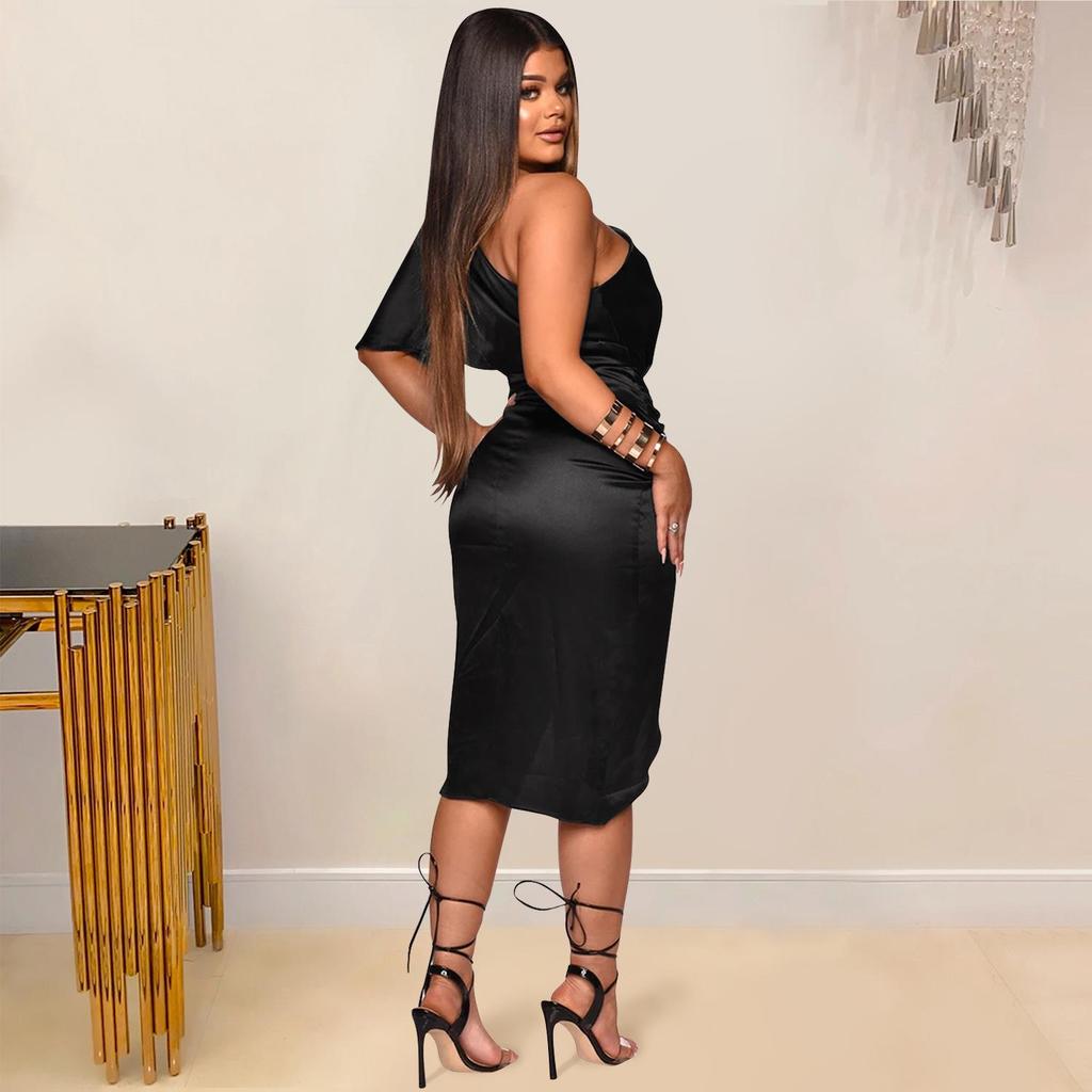 One-Shoulder Slit Midi Dress - Women's Fashion Solid Color, Europe & America Style