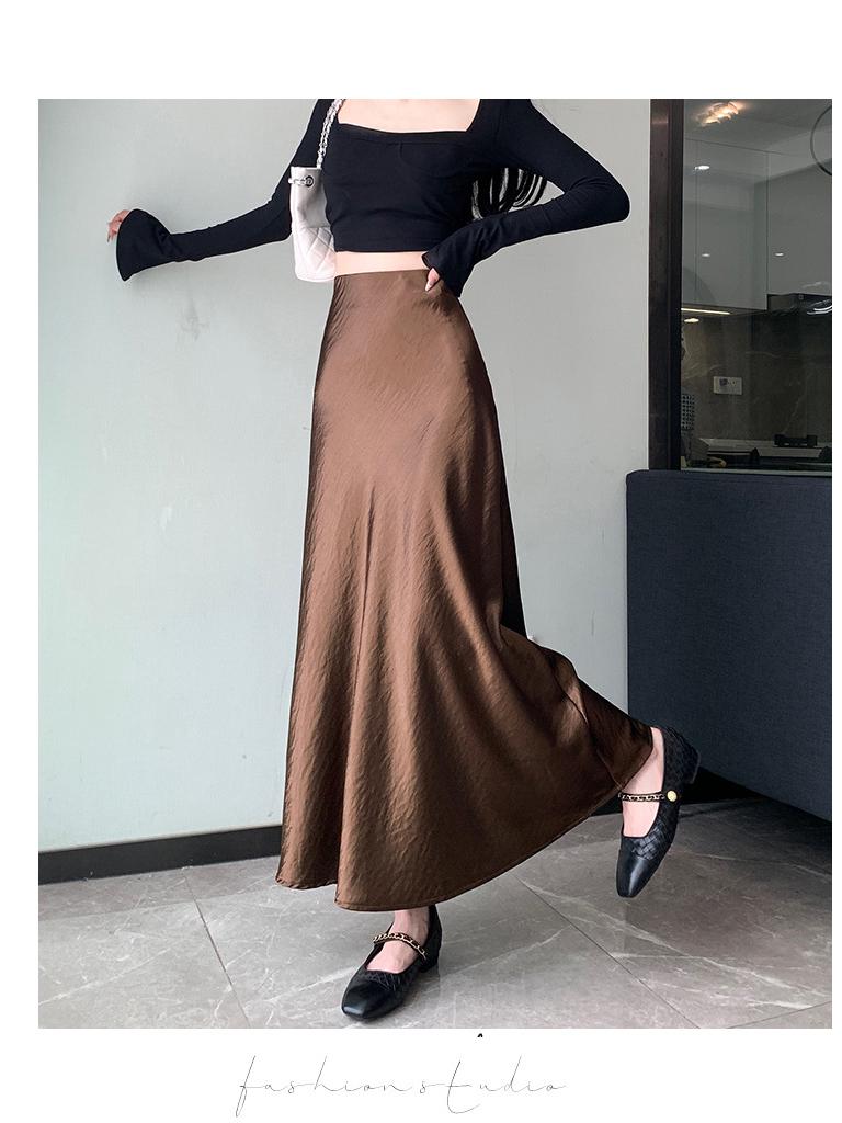 Французька спідниця міді А-силуету з атласу з високою посадкою для жінок - Осіння колекція