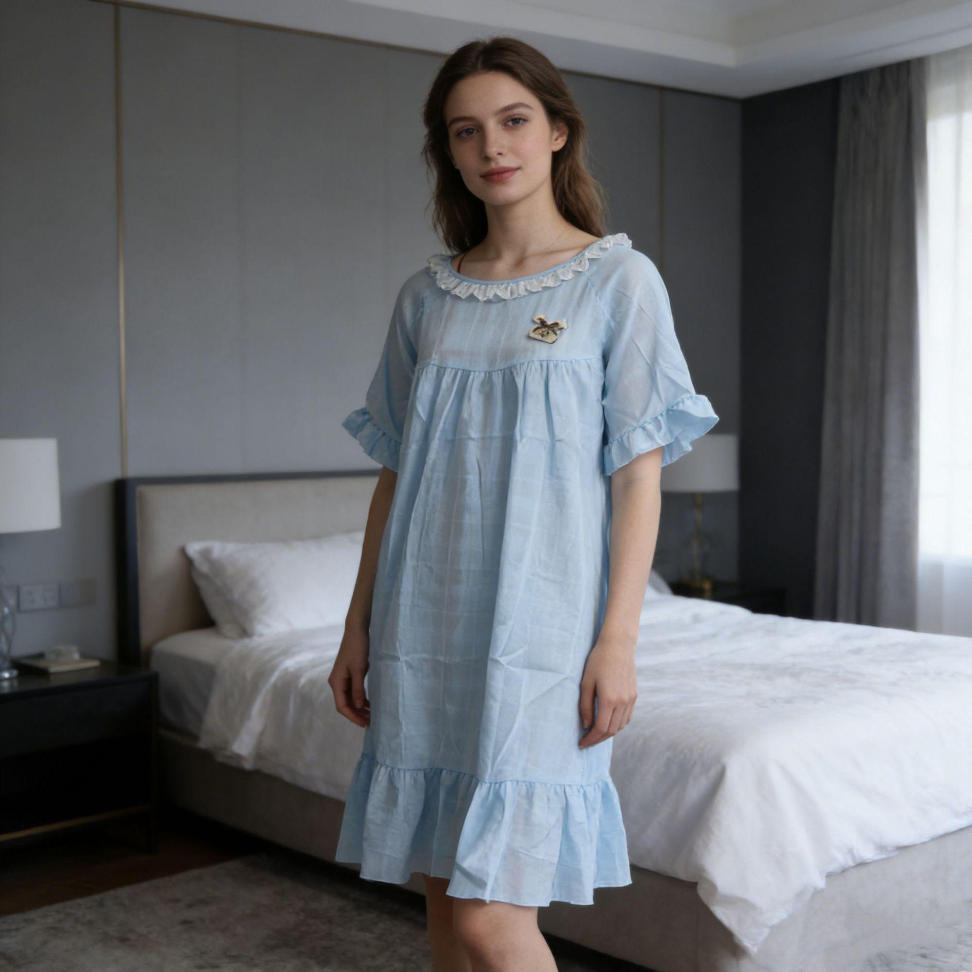 

Sleeping Dress Women s Summer Lightweight Loose Large-sized Ruffled Long-sleeved Sweet Pajamas One size синій