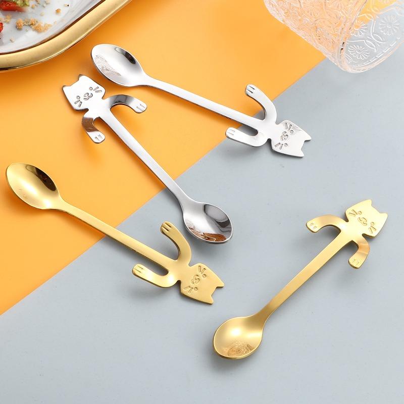 304 Stainless Steel Cat Spoon Creative Cartoon Cute Design Coffee Mixing Dessert Spoon Hanging Cup Spoon Durable Rustproof
