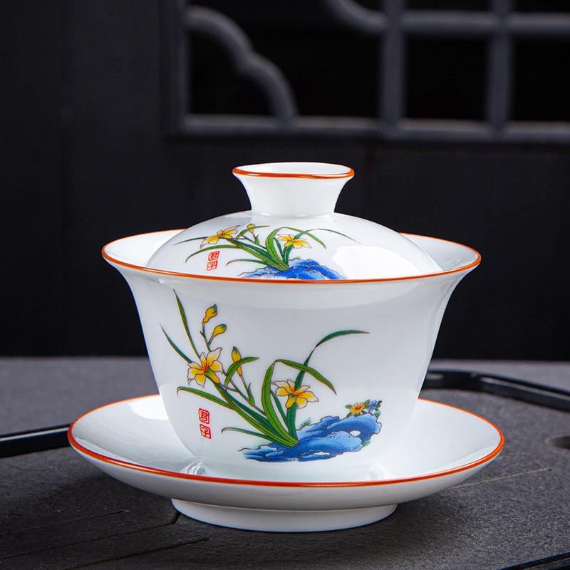 Dehua Gaiwan Cup Ceramic Large Single Sancai Bowl Kung Fu Tea Set Blue and White Porcelain Household