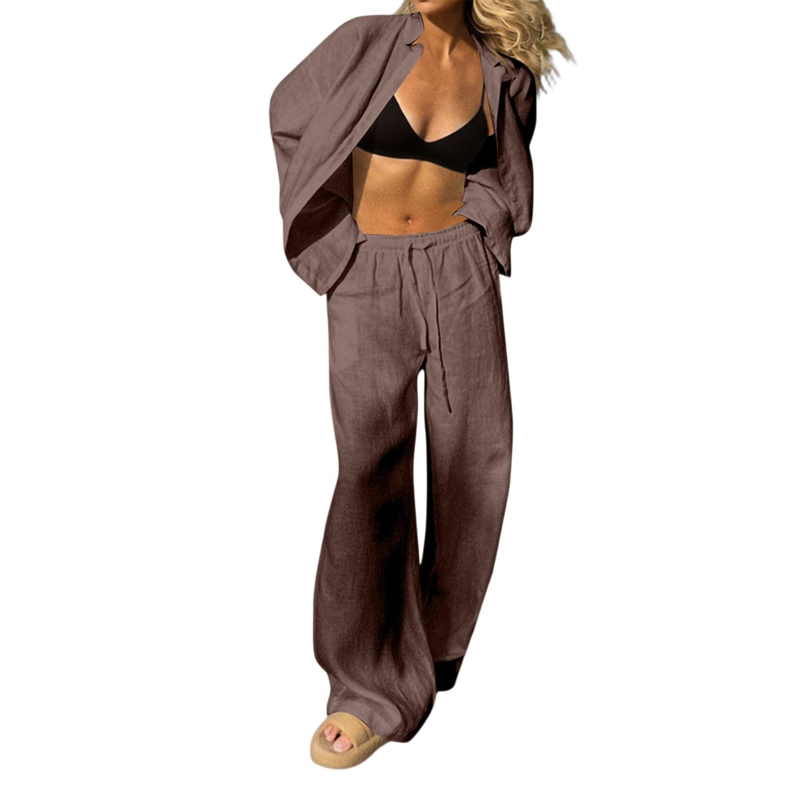 

Женские комплекты из 2 предметов: Топы с длинным рукавом с драпировкой + Брюки с широкими штанинами, Комплекты для тренировок XXL кофейный