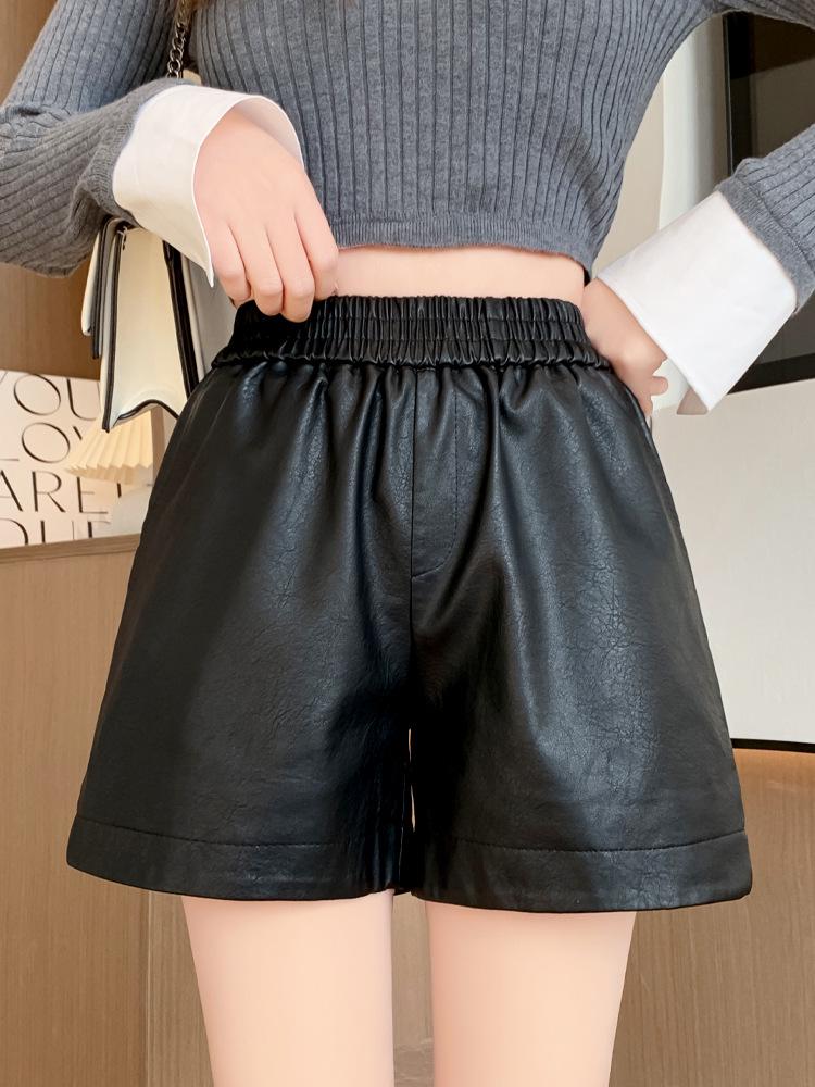 Women's PU Leather Wide-Leg A-line Shorts - Plus Size, Slimming, Five-Point, Spring & Autumn 2024