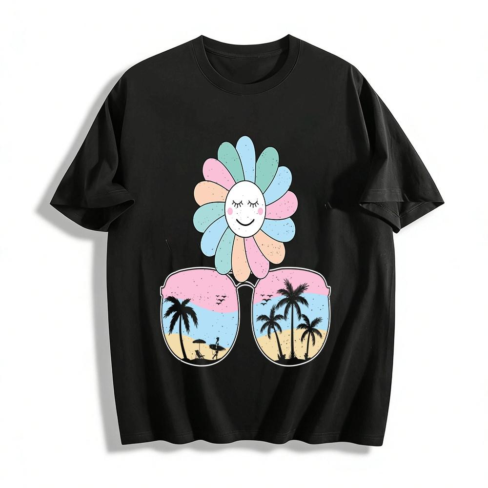 Macaron Sunflower Coconut Tree Vacation Print Casual T-Shirt Pure cotton T-shirt XXS
