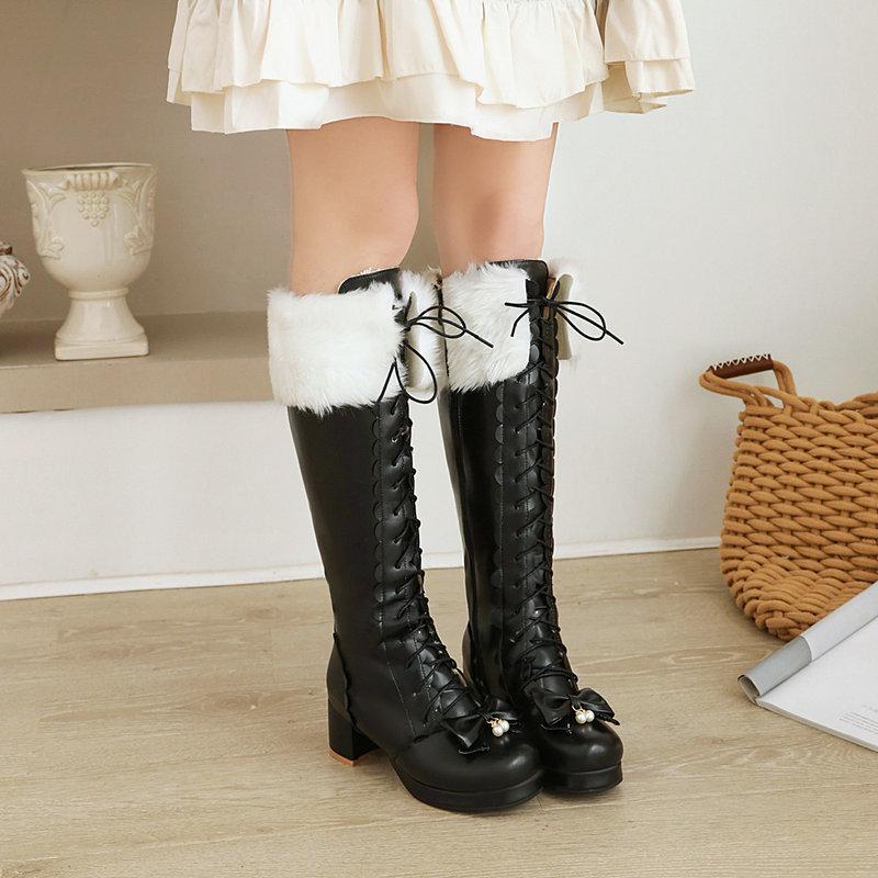 Fashion Princess High Knee Boots Winter Shoes Woman Bowknot Chunky Heel Lolita Shoes Side Zipper Girls Boots Large Size 30-43