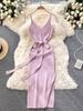 European and American elegant casual temperament V-neck waist and thin knitted dress with belt suspender dress