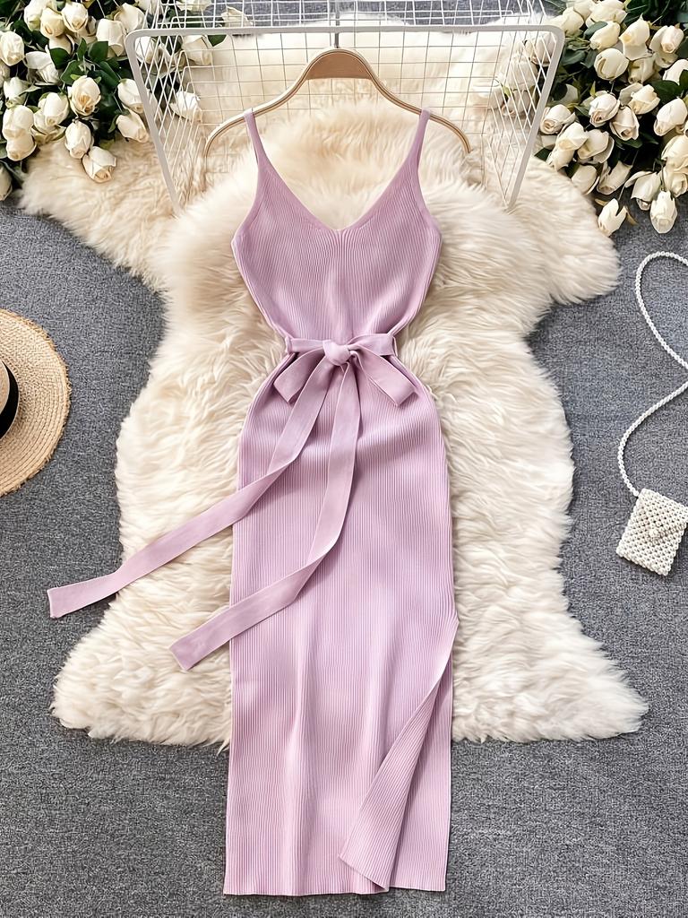 European and American elegant casual temperament V-neck waist and thin knitted dress with belt suspender dress