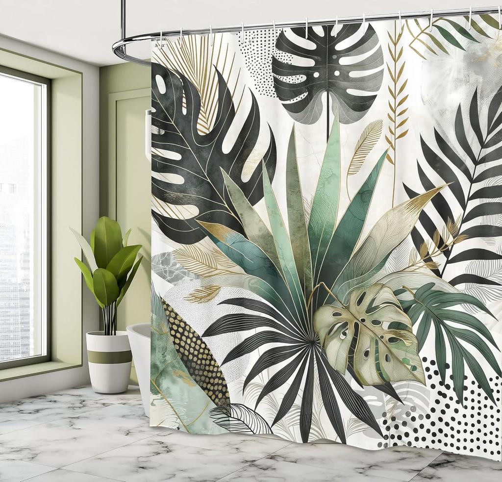 Tropischer Blatt-Duschvorhang Mit Monstera- Und Palmen-Design Modernes Boho-Badezimmer-Dekor Grün-Schwarz-Gold-Farbpalette Künstlerisch