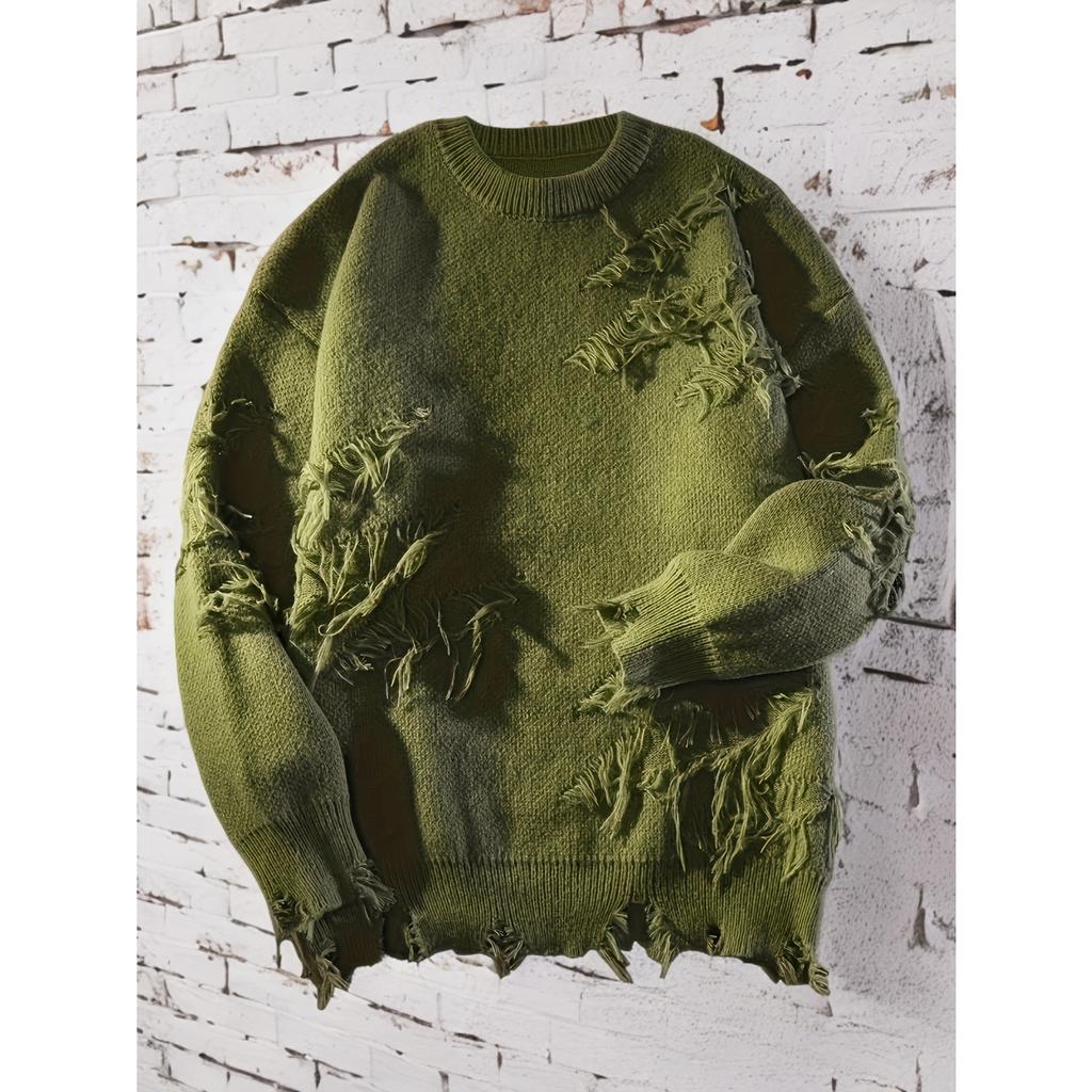 Solid Color Crew Neck Pullover Sweater, Casual Ripped Tassel Long Sleeve Knitted Sweater for Fall & Winter, Women's Clothing