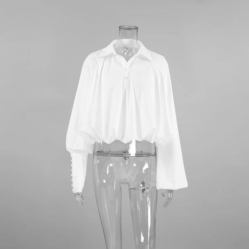 

Fashion Lapel Sexy Crop Top Stylish Asymmetric Sleeves Type Shirt Asyhemric Sleeve Shirt White M