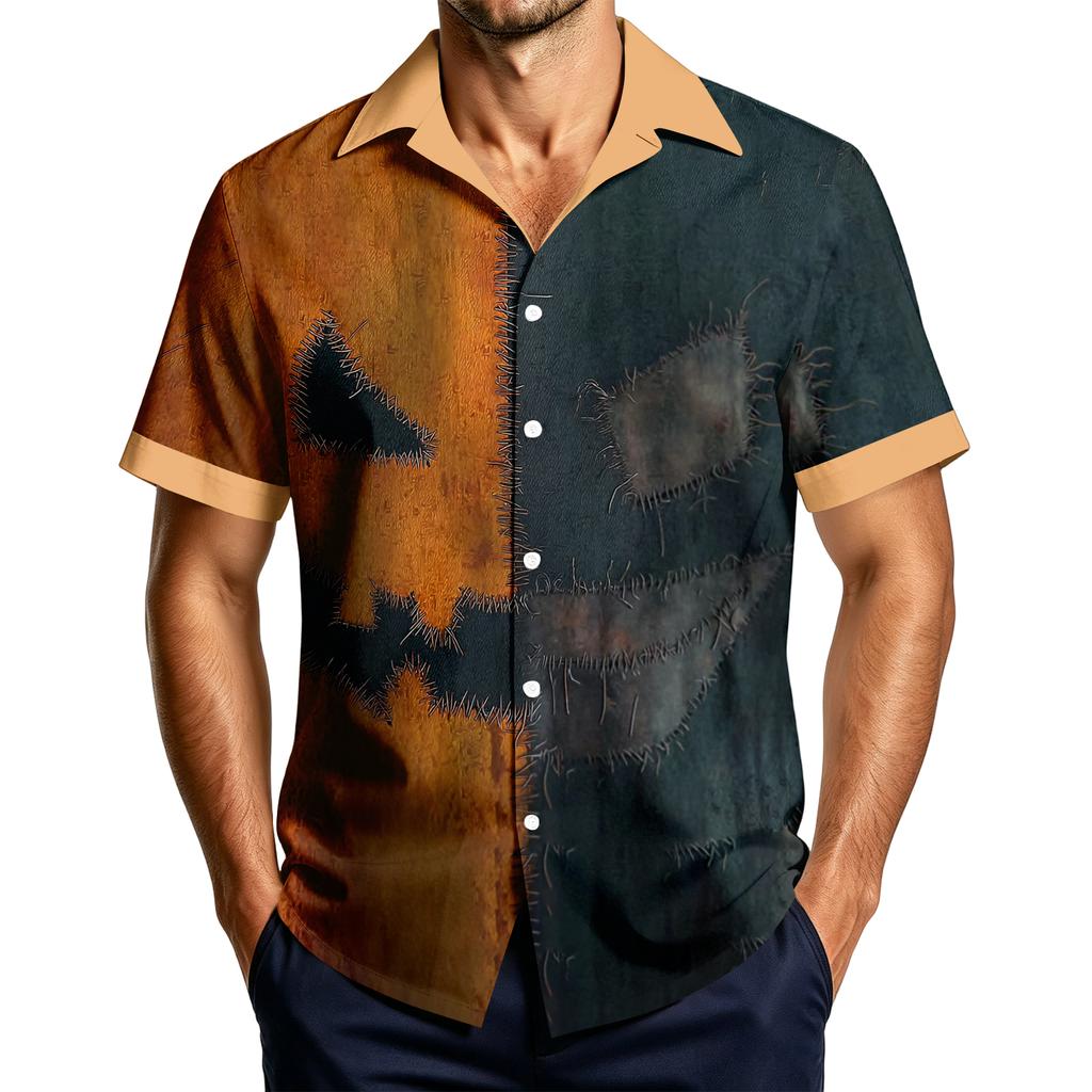Men's Casual Short Sleeve Halloween Print Shirt for Holiday Party Wear