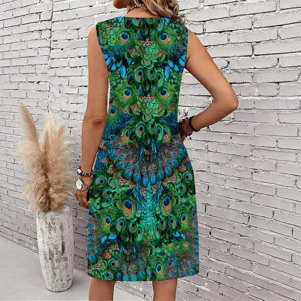 Plus Size V Neck Sleeveless Dress Green Hills Waterfall Natural Print For Outdoor Nature Exploration