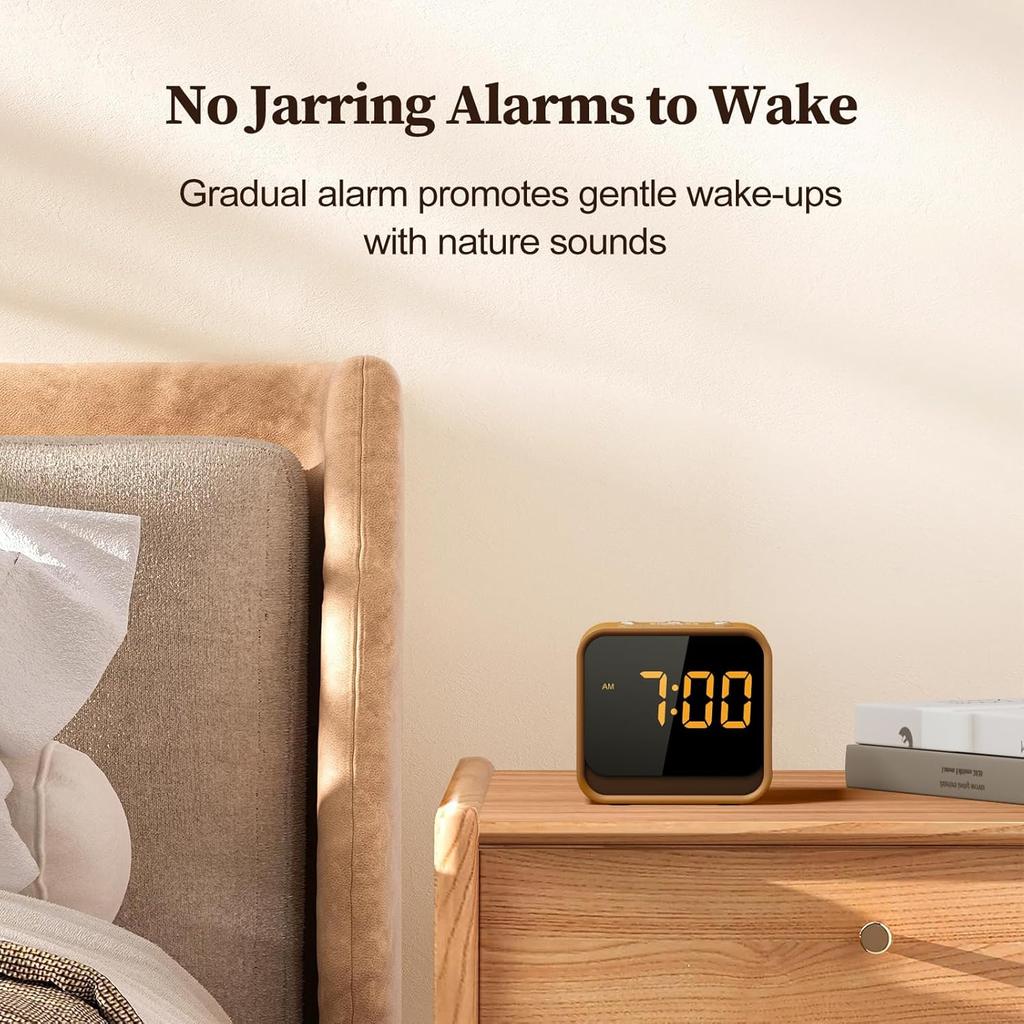 Modern White Noise Wooden Sound Machine Alarm Clock Gentle Wake-Up with Space-Saving Design for Desk Use Electronic Movement
