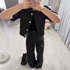 2026 Autumn New European and American Women's Clothing Cross-border Black Button Decorative Waist Suit Set Wide Leg Pants Two-piece Set