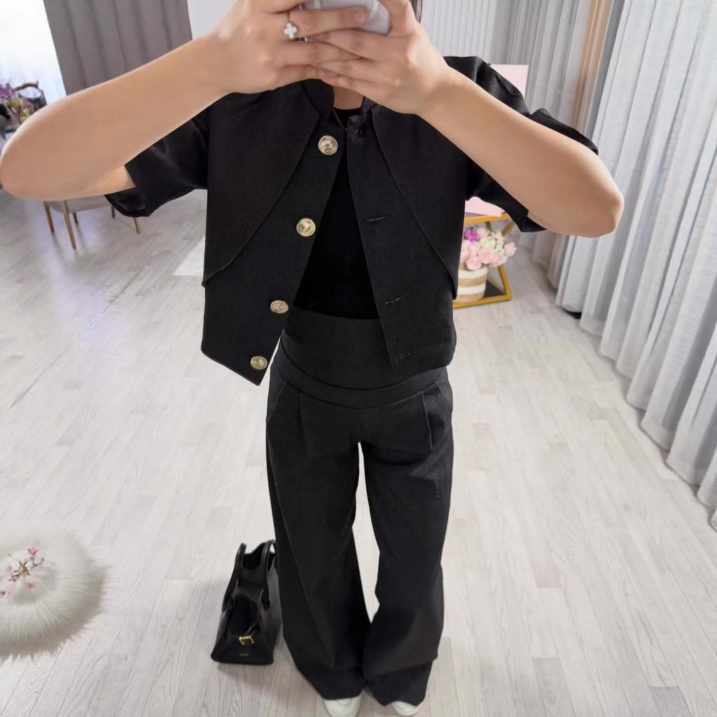 2026 Autumn New European and American Women's Clothing Cross-border Black Button Decorative Waist Suit Set Wide Leg Pants Two-piece Set