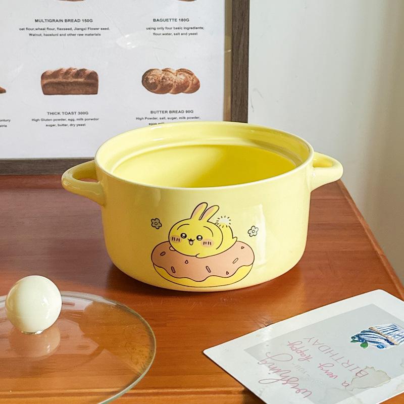 High-value Cute Tableware Ceramic Instant Noodle Bowl with Lid Children's Rice Bowl Student Dormitory Instant Noodle Bowl Binaural Soup Bowl