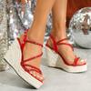 10.4CM Heel 3.5CM Platform Rhinestone Strappy Espadrille Wedge Sandals Women's Ankle Strap Heels for Ladies Summer Beach Shoes