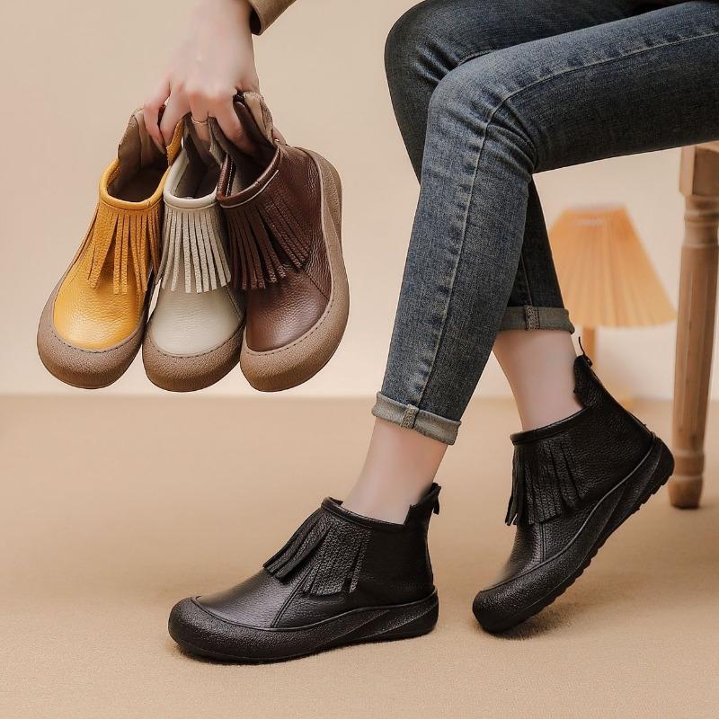 Spring Autumn Genuine Leather Shoes Women Ankle Boots Tassel Design Soft Brand Ladies Fashion Boots Plus Size 41
