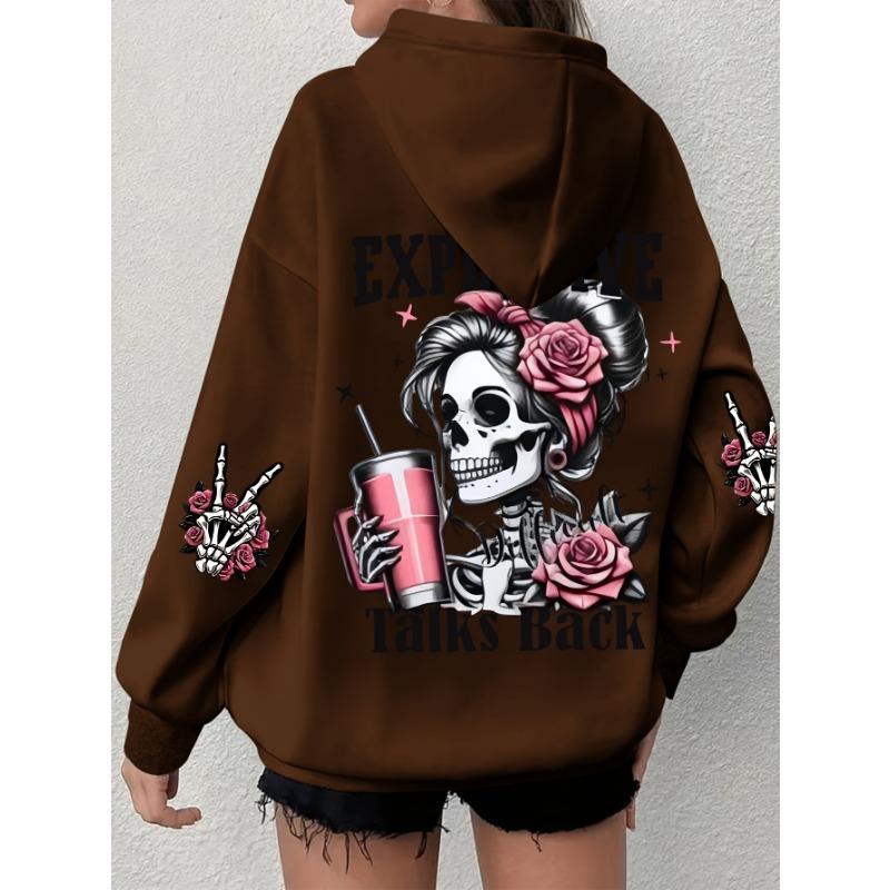 Popular Extended Hoodie with Long Sleeves Featuring a Skull And Letter Print, Casual Oversized Sweatshirt