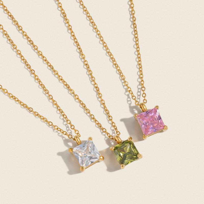 Minimalist Stainless Steel Metal Colorful Square Zircon Pendant Necklace Gold Plated Daily Waterproof Jewelry