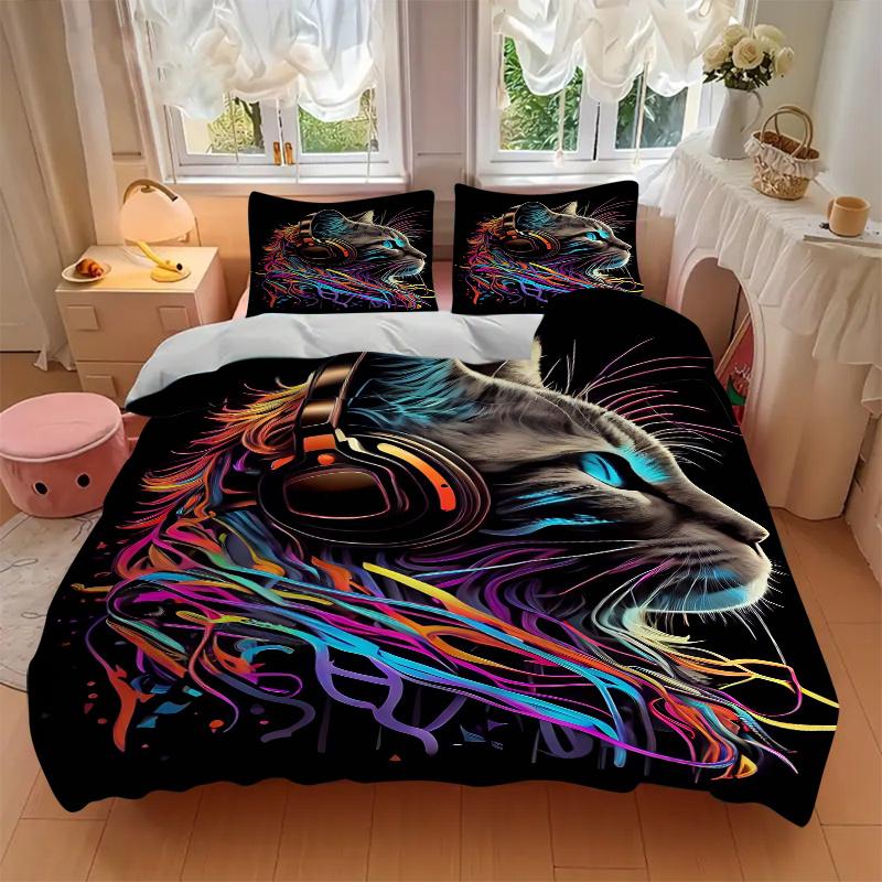 3pcs Music and Art Cat Quilt Set Cartoon Themed Bed Quilt Set Lovely Character Bedroom Decor Bed Quilt Set Four Seasons (1 Cover + 2Pillowcase NO