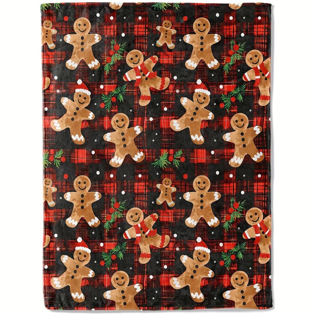 1pc Red Pink Christmas Blanket Candy Gingerbread Man Printed Skin-Friendly Soft Blanket  New for Home Christmas Decoration