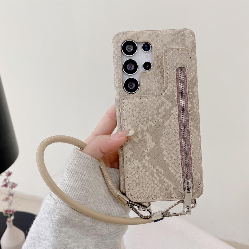 For Samsung Galaxy S24 Ultra Case Zipper Card Holder Mirror Snake Texture PU + PC Back Cover with Lanyard