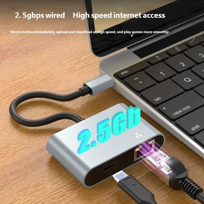 Portable Aluminum Alloy USB C Male to RJ45 Ethernet processor Supporting 2500Mbps and 100W Fast Charging Plug and Play for Home Office