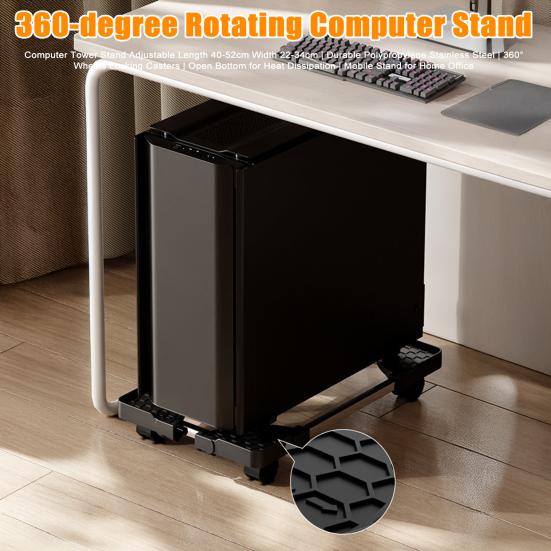 Computer Tower Stand with 4 Locking Caster Wheels Adjustable Heavy Duty Metal Computer CPU Holder Home Office Ventilated PC Tower Cart Floor Stand