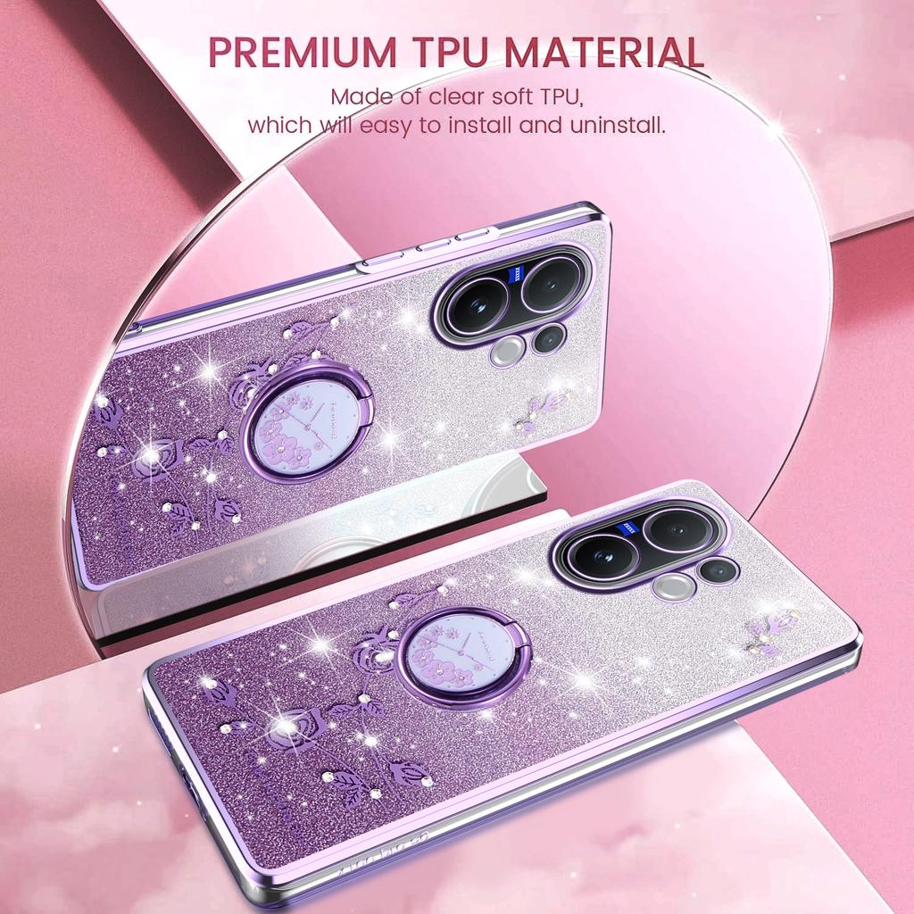 For vivo V60 5G Case Ring Kickstand TPU Flowers Phone Cover Gradient Glitter