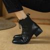 NEW Autumn Women Boots Genuine Leather Shoes for Women Round Toe Chunky Heel Boots Women Lace-up Ankle Boots Low Heel Lady Shoes