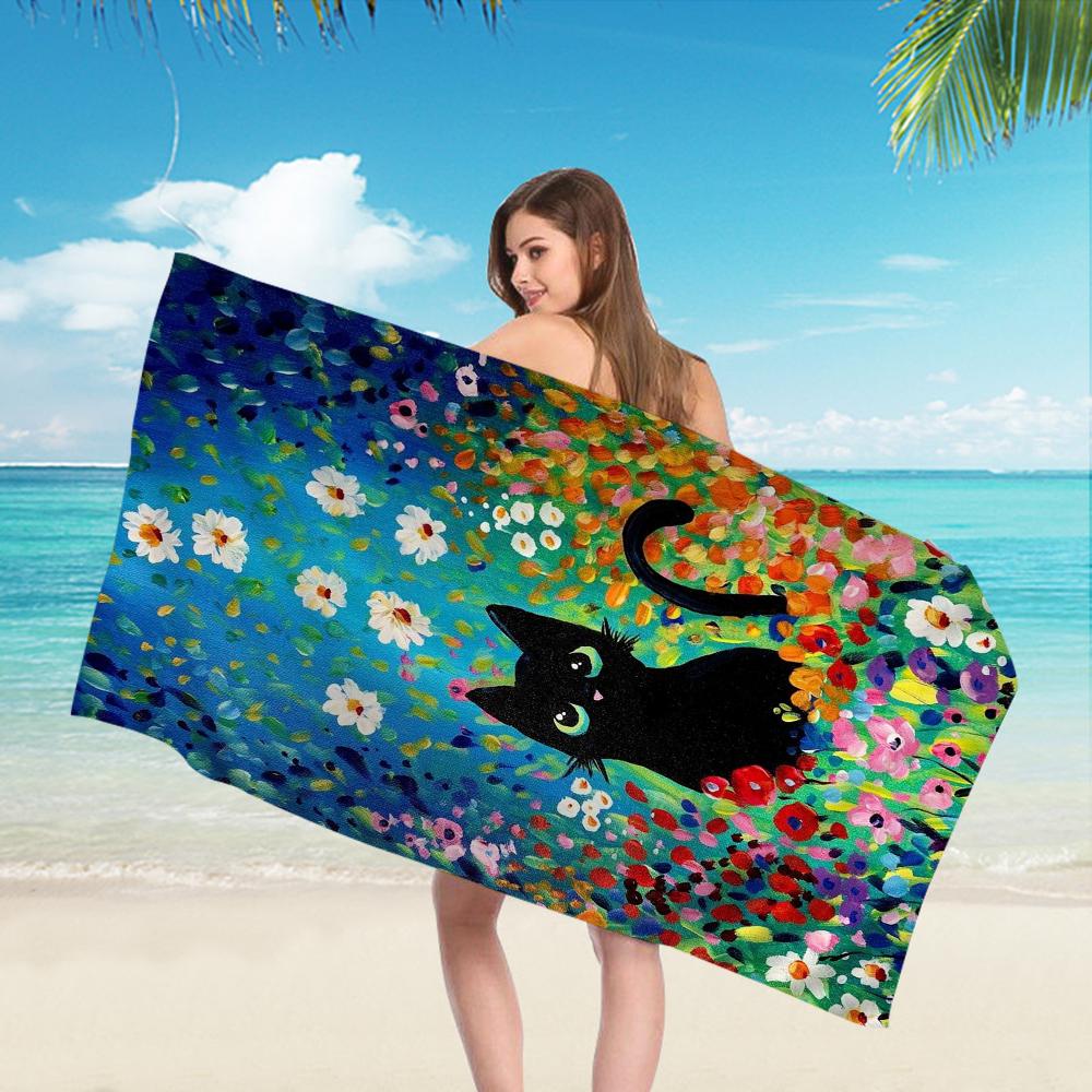 Schwarze Katze Kunst Ölgemälde Handtuch Mikrofaser Strandhandtuch Saugfähig Schnell trocknend Weich Yoga Schwimmen Resort Bergsteigen Handtuch