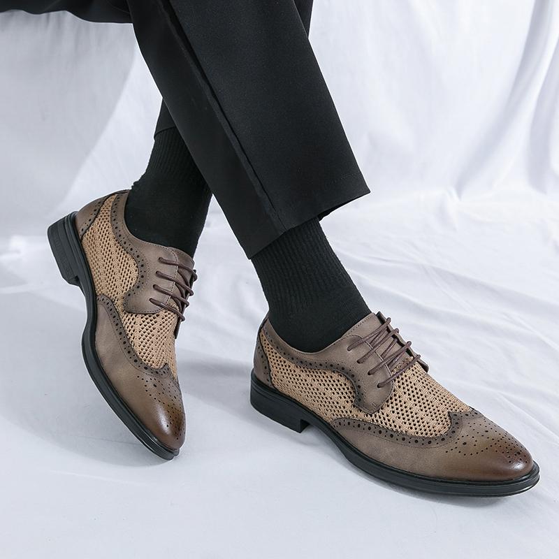 Fashion Men Classic Artificial Leather Oxfords Shoe Business Formal Lace Up Leather Dress Shoes Summer Fashion Breathable Men Mesh Shoes