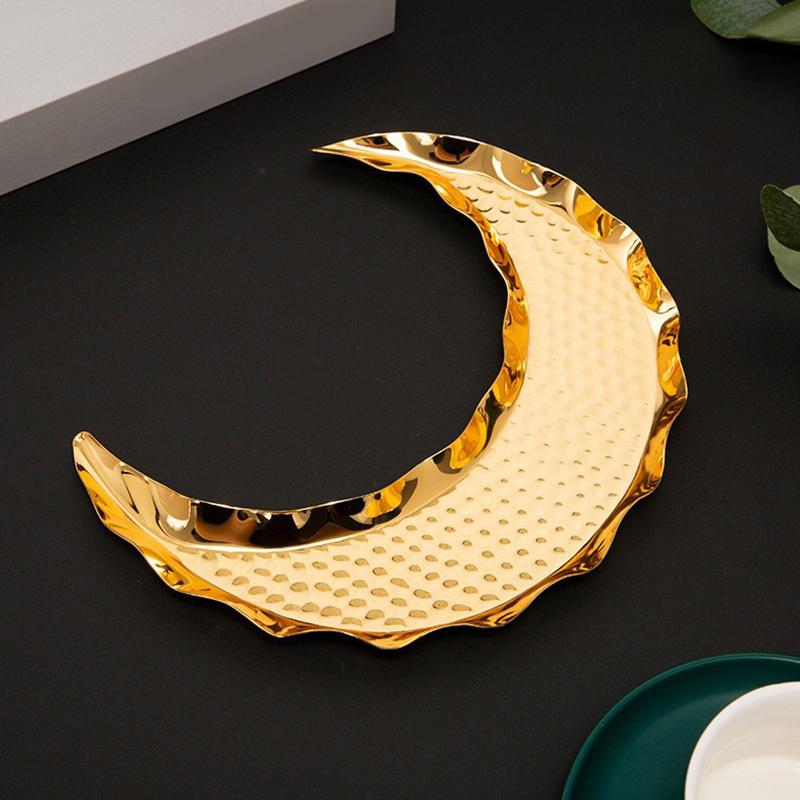 Gold Storage Tray Display Metal Pallet Creative Moon Design Handmade Crafts Fruit Cake Snack Plate Decorative Festival Supplies