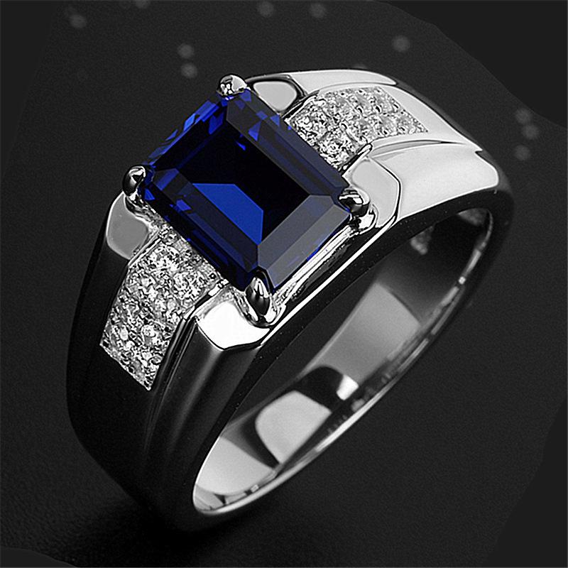 Sapphire Blue Zircon Men's Rectangular Diamond Ring: Stylish Business Trend