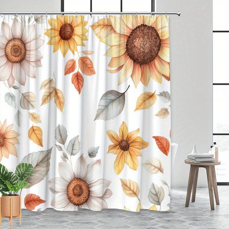 1Pc Autumn Sunflower And Leaves Shower Curtain - Polyester Fabric, Machine Washable, Suitable For Bathroom Decoration