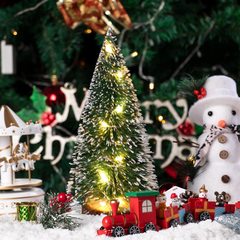 7PCS Christmas Decorations Mini Sisal Christmas Trees Pine Trees Ornaments with Lamp and Wooden