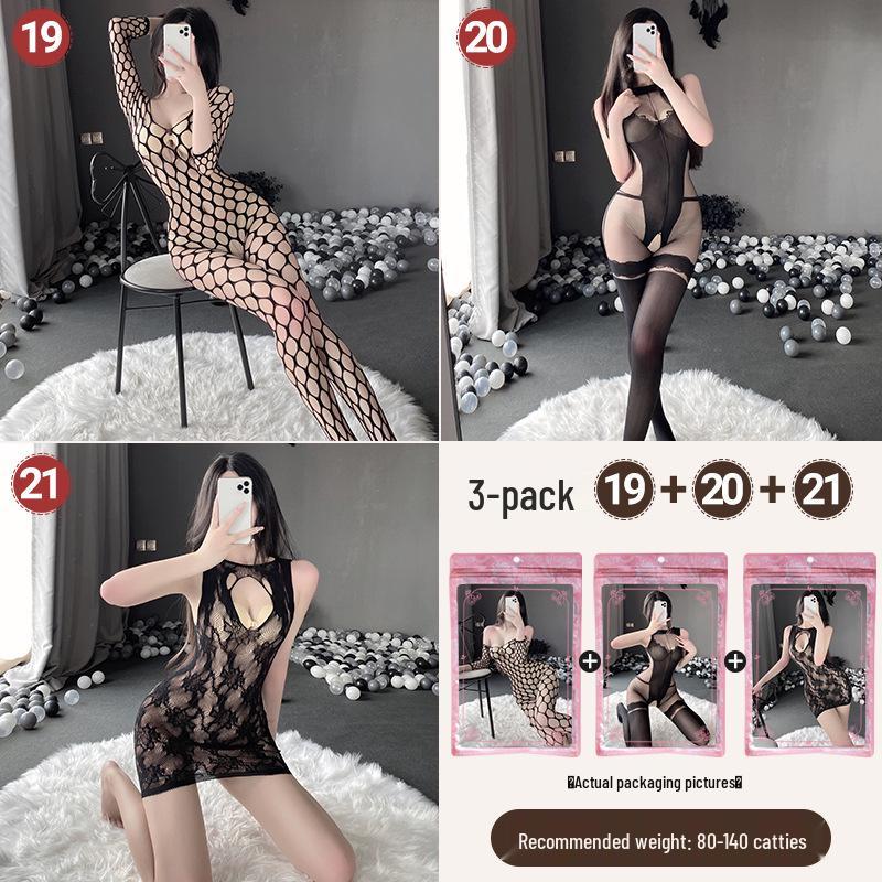 Transparenter Cut-Out Bodysuit mit Strümpfen mit offenem Schritt - Sexy Dessous-Set