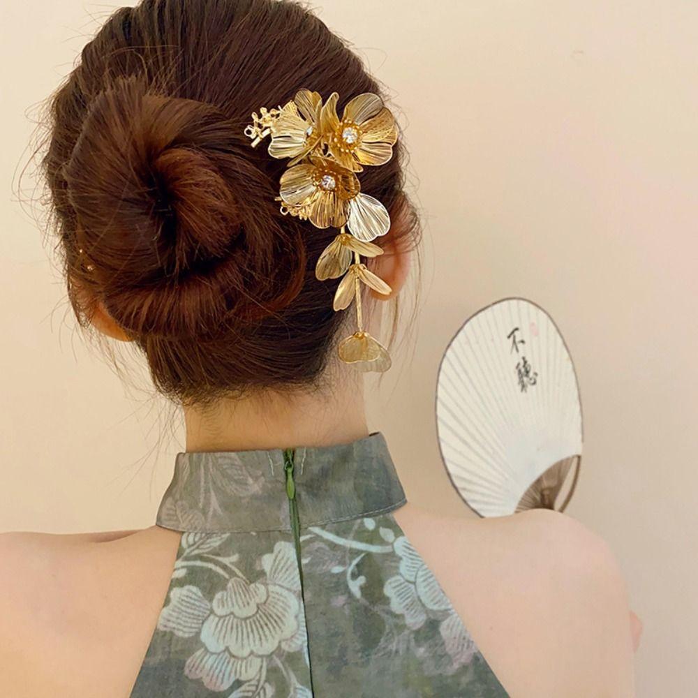 Tassel Hanfu Hairpin Flower Metal U Shape Hair Stick Retro   Cheongsam Accessories