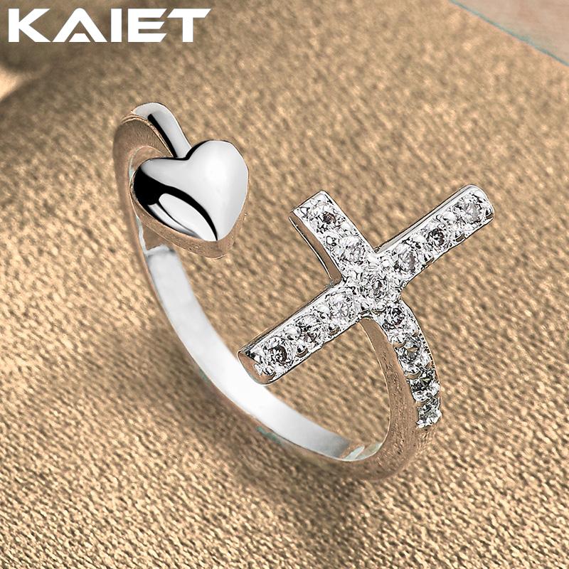 925 Silver Cross Crystal Heart Adjustable Ring For Women Accessories Jewelry