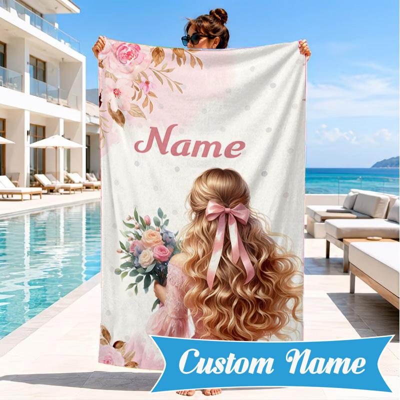 Custom Name Floral Princess Beach Towel Microfiber Beach Towel, Lightweight and Quick-Dry, for Summer Travel, Swimming Pool Gift