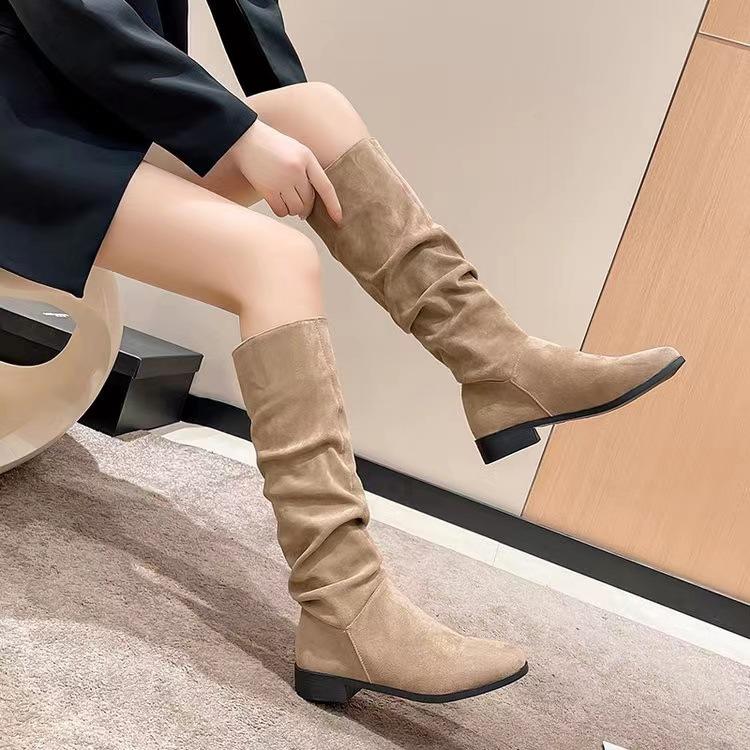 Autumn Winter Long Tube Suede Boots For Women Cross-Border Large Size Plus Low Heel Round Head Martin Boots 37-43