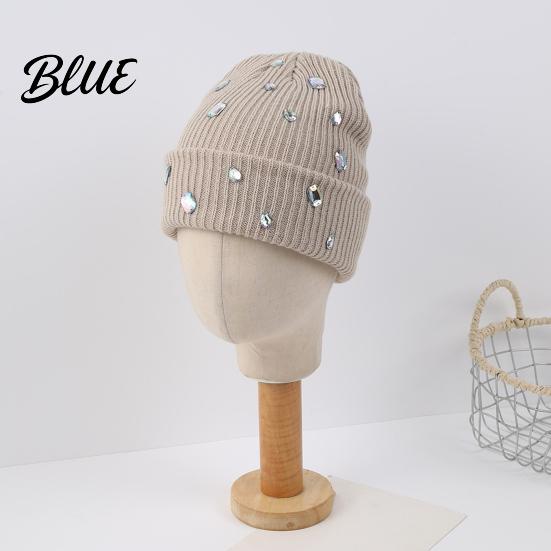 Stylish Cold Weather Headgear Bling Rhinestone Knitted Hat Street Punk Knit Winter Personalized Trendy Hat Warm Skull Cap for Women Autumn